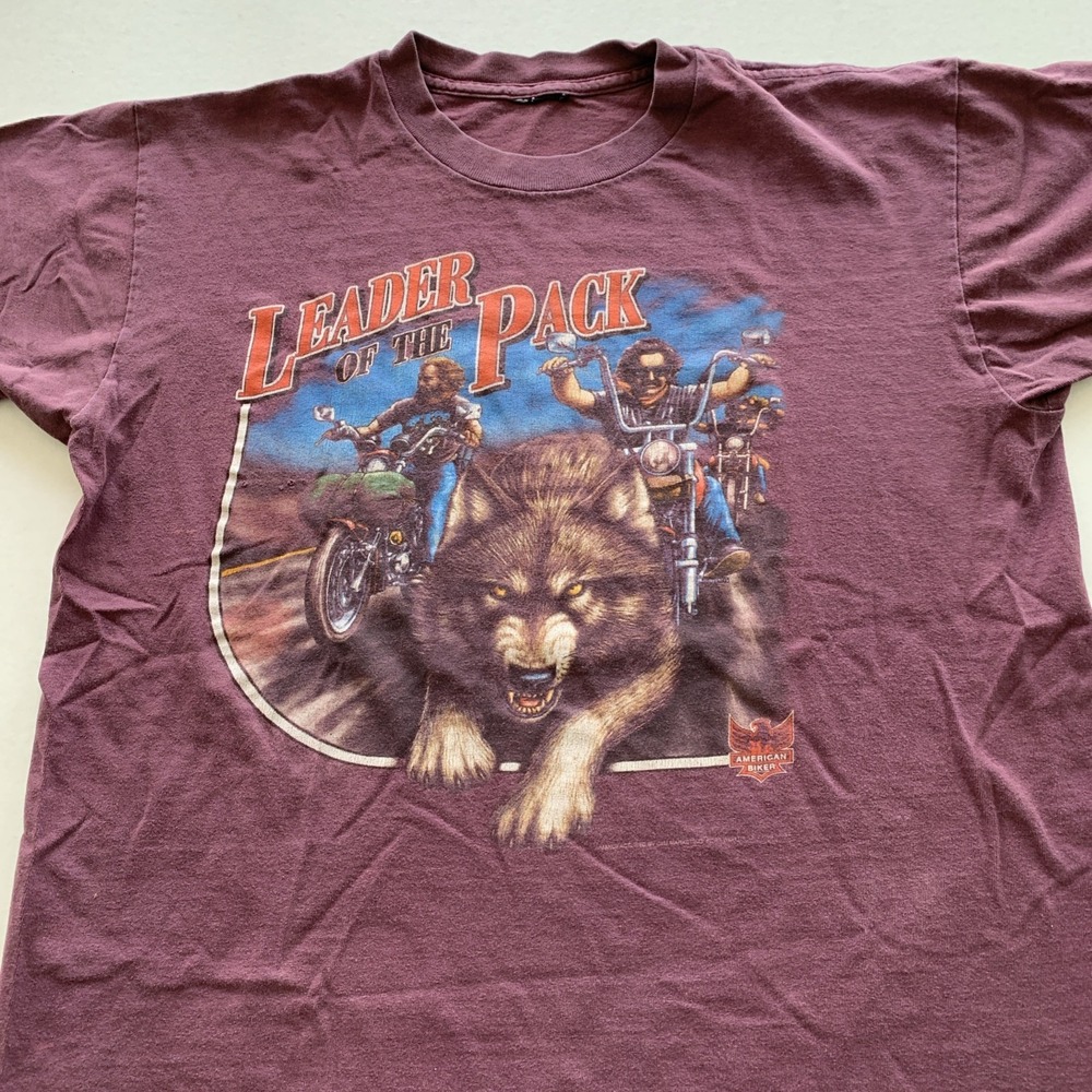 Vtg American Biker Size Lg Men's Burgundy T Shirt Leader Of The Pack Fort Worth